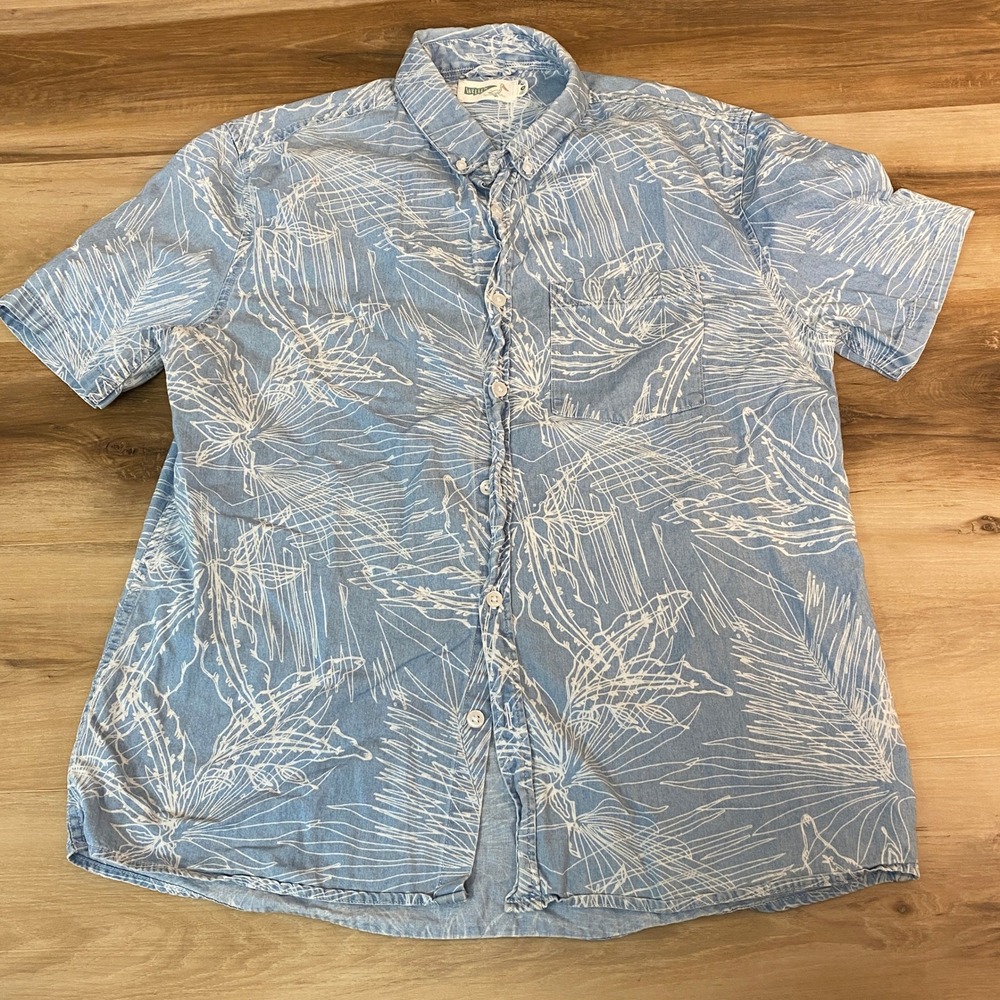 Wellen Shirt Mens Medium Short Sleeve Button Down Shirt Blue Tropical Leaves